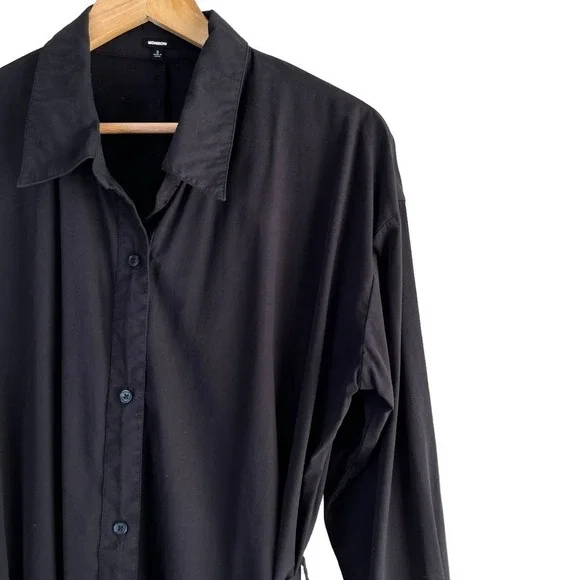 Monrow Asymmetrical Poplin Tie Shirt Dress in Black 100% Cotton, Size Small - Picture 6 of 14